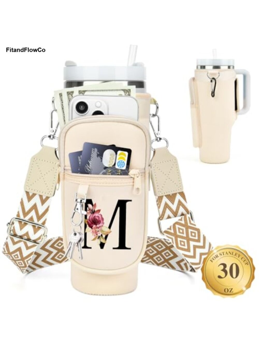 Initial Tumbler Carrier Neoprene Cup Holder Bag with Phone Pocket & Strap